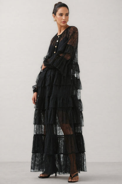 Varekx Black Round Neck Lace Maxi Dress