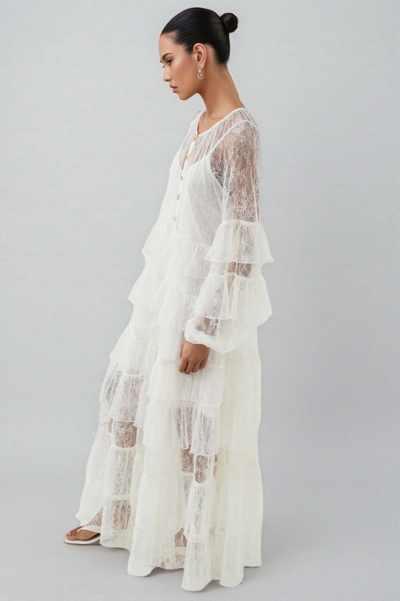 Wintk White Round Neck Lace Maxi Dress