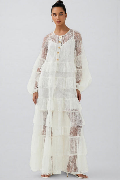 Wintk White Round Neck Lace Maxi Dress
