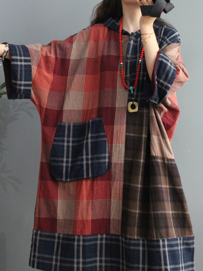 Plaid Cotton Loose Large Pockets Hooded Dress