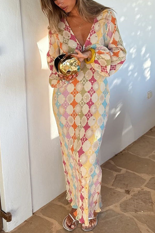 Adriana Premium V Neck Lantern Sleeves Geometric Print Maxi Dress Designer Edit