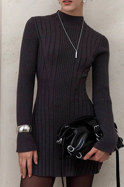 Elegant Playful Mock Neck Long Sleeve ALine Mini Knit Sweater Dress