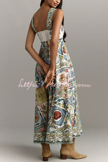 Sea Calling Linen Blend Unique Print Scalloped Detail Back Smocked Pocket Maxi Dress