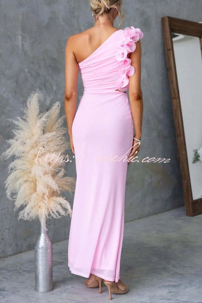 Fashionable Mesh Sleeveless One-shoulder Waist-revealing Maxi Dress