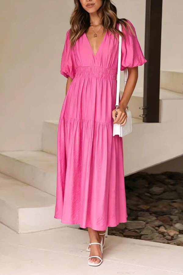 V-neck Puff Sleeve Elastic Waist Tiered Maxi Dress