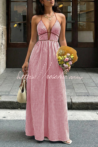 Striped Print V-Neck Sleeveless Backless Holiday Maxi Dress