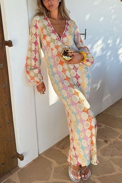 Adriana Premium V Neck Lantern Sleeves Geometric Print Maxi Dress Designer Edit