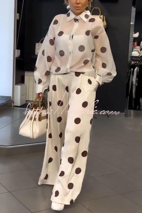 Grazia Polka Dot Sheer Long Balloon Sleeve Shirt and Elastic Waist Pocket Wide Leg Pants Set