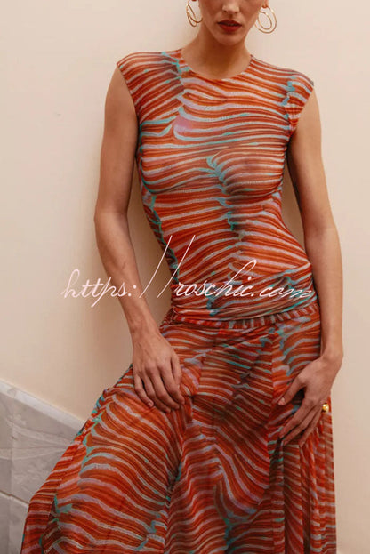 Bella Stretch Mesh Unique Print Bodysuit and High Rise Elastic Waist Maxi Skirt Set