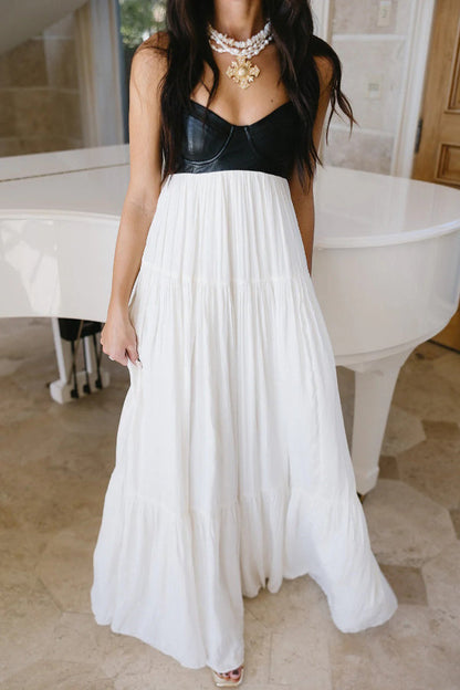 Stylish Leather Patchwork Suspender Casual Vacation Style Maxi Dresses