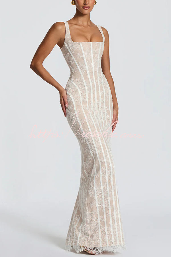 Polina Floral Lace Contrast Structural Detail Square Neck Back Lace-up Slit Maxi Dress