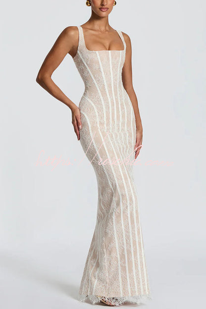Polina Floral Lace Contrast Structural Detail Square Neck Back Lace-up Slit Maxi Dress