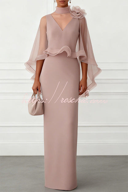Tallisa 3D Floral Mesh Mock Neck Half Cape Sleeve Gown Maxi Dress