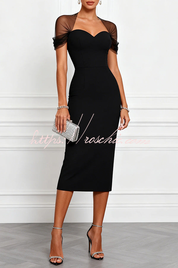 Emilie Mesh Sleeve Patchwork Sweetheart Neck Stretch Midi Dress
