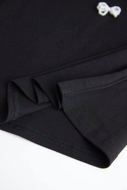 Black Faux-Pearl Bow Embellished Cotton Blouse