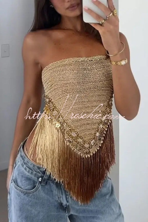 Fashionable Sleeveless Off-shoulder Tassel Hem Strapless Top