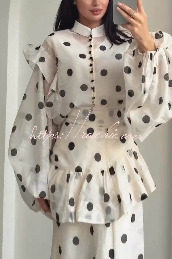 Stylish Polka Dot Print Stand Collar Long Sleeve Elegant Ruffle Maxi Dress