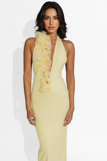 Dakod Yellow 3D Floral Backless Maxi Dress