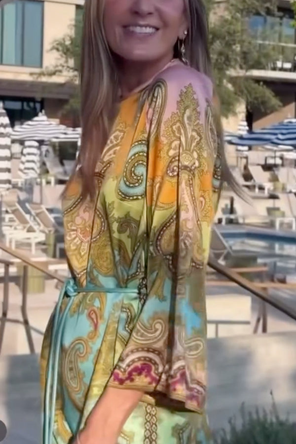 Paisley Print Tie-Waist Slit Maxi Kaftan Dress