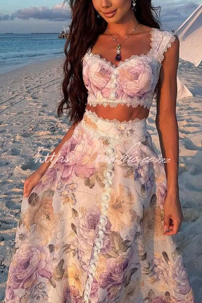 Romantic and Beautiful Floral Print Lace Trim Sweetheart Neck Tank and High Rise Maxi Skirt Set