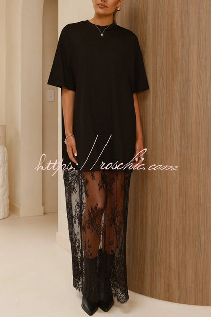 Stylish Loose-fitting Round Neck Short-sleeved Spliced lace Hem Maxi Dress