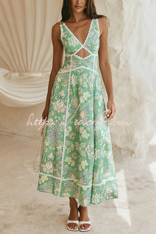Linen Blend Unique Print V-neck Sleeveless Cutout Waist-cinching Maxi Dress