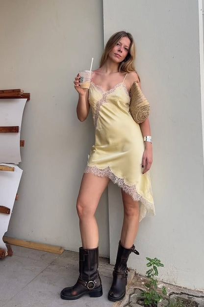 Alluring Asymmetric Lace Trim Fitted Mini Dress