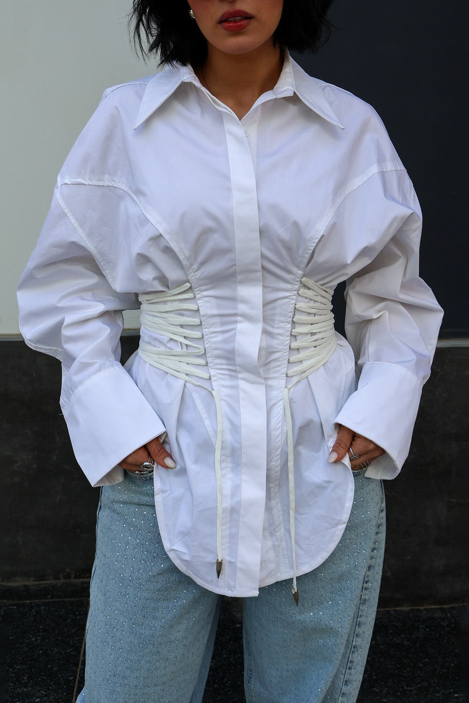 Double Ruched Tie Waist Slim Relaxed Fit Long Sleeve Blouse