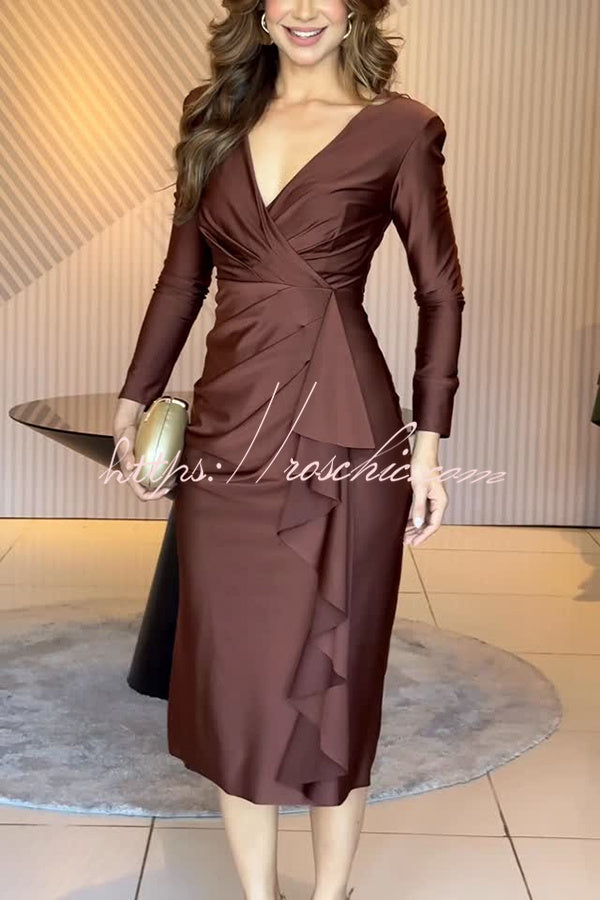 Ninah Satin Padded Shoulder Long Sleeve Ruffled Hem Slit Midi Dress
