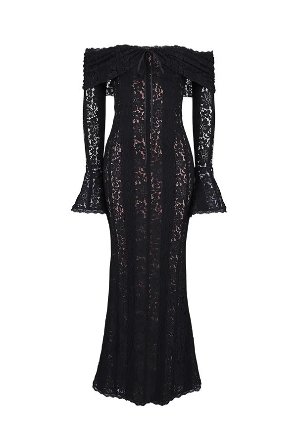 Floral Lace Off Shoulder Flare Sleeve Fishtail Maxi Dresses-White
