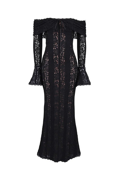 Floral Lace Off Shoulder Flare Sleeve Fishtail Maxi Dresses-White