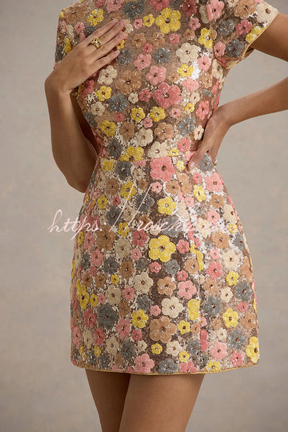 80's Inspired Floral Print Sequin Short Sleeve Stretch Mini Dress