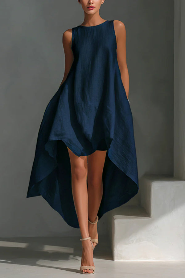 Linen Blend Solid Color Sleeveless Round Neck Irregular Casual Maxi Dress