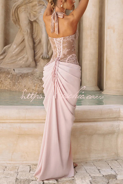 Bonita Floral Lace Contrast Structural Detail Asymmetrical Pleats Halter Slit Maxi Dress
