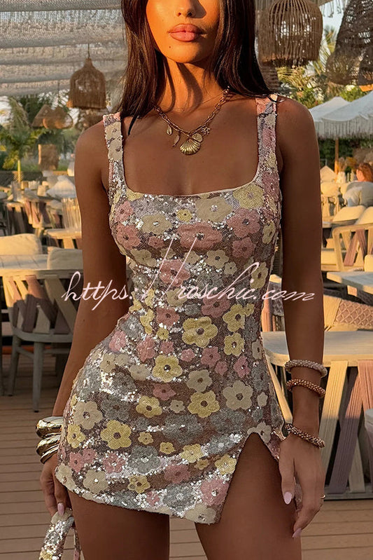 Sequined Flower Sexy Square Neck Slim Fit Mini Dress