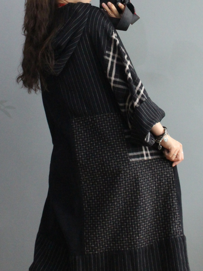 Plaid Cotton Loose Large Pockets Hooded Dress