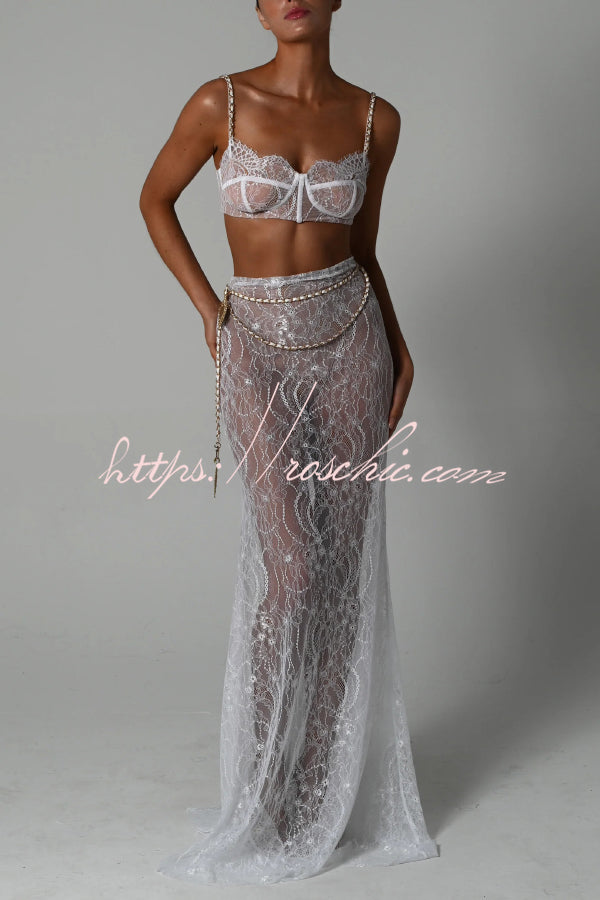 Stylish Lace Camisole Bra Top and Vacation See-through Maxi Fishtail Skirt Set