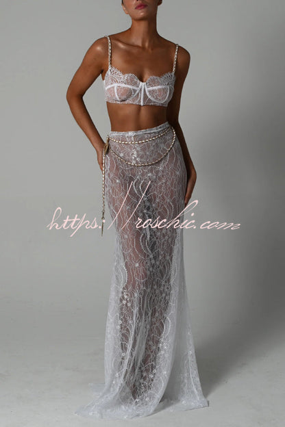 Stylish Lace Camisole Bra Top and Vacation See-through Maxi Fishtail Skirt Set