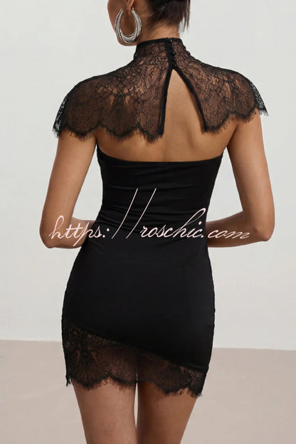 Fashionable Lace Shawl Strapless Slim-fit Lace Hem Mini Dress
