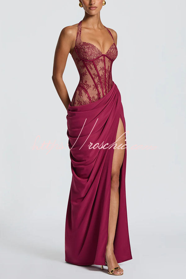 Bonita Floral Lace Contrast Structural Detail Asymmetrical Pleats Halter Slit Maxi Dress