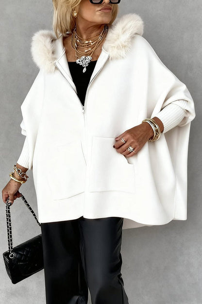 Warm Call Knit Long Sleeve Zipper Plush Hooded Pocket Loose Cardigan