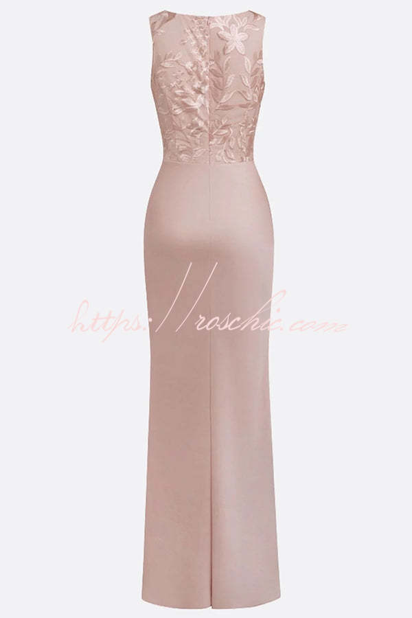 Vera Mesh Embroidery Satin Ruched Crew Neck Sleeveless Gown Maxi Dress