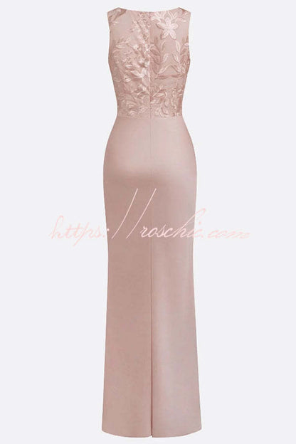 Vera Mesh Embroidery Satin Ruched Crew Neck Sleeveless Gown Maxi Dress