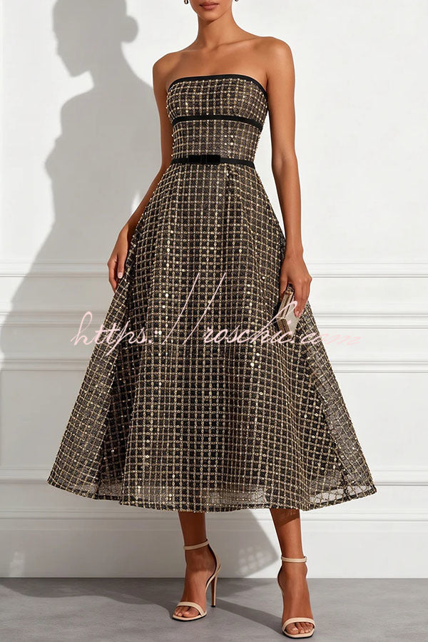 Stardust Plaid and Sequin Bow Patchwork Detail Strapless A-line Midi Dress