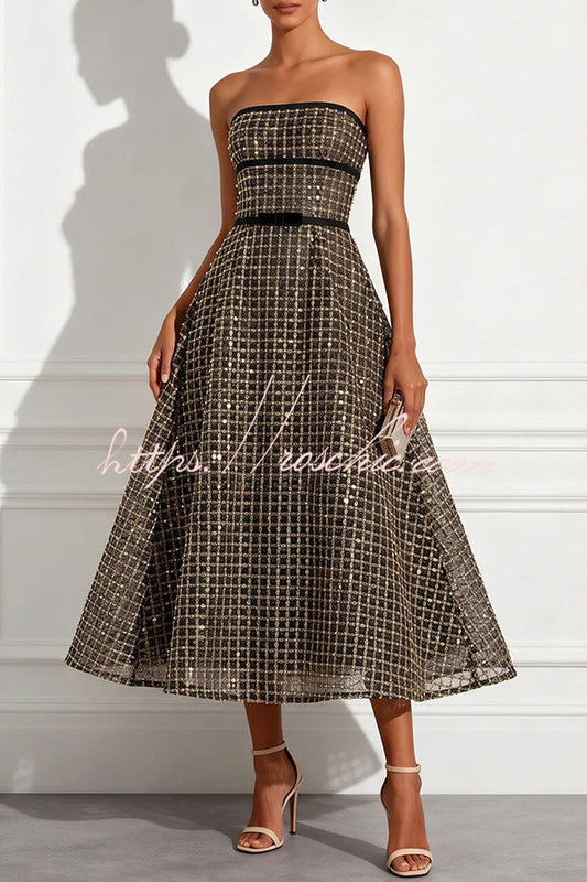 Stardust Plaid and Sequin Bow Patchwork Detail Strapless A-line Midi Dress