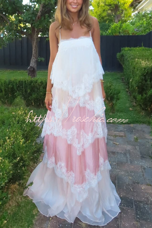 Caroline Gradient Layered Lace Trim Tiers Adjustable Straps Backless A-line Maxi Dress