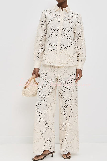 Lillah Embroidered Lace Shell Pattern Elastic Waist Pocket Wide Leg Pants