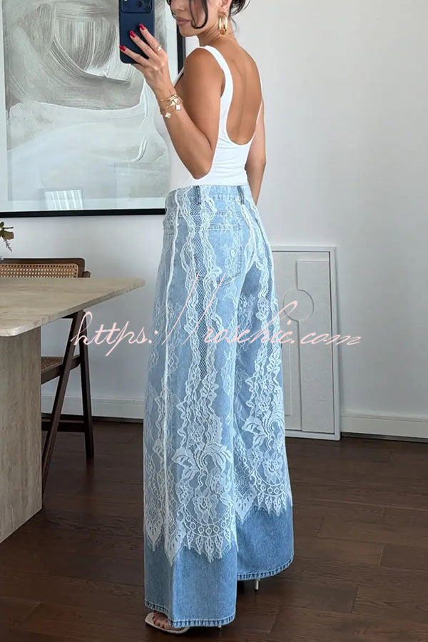 Leina Denim Lace Detail Patchwork High Rise Pocket Wide Leg Jeans