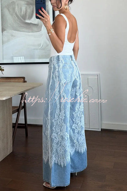 Leina Denim Lace Detail Patchwork High Rise Pocket Wide Leg Jeans