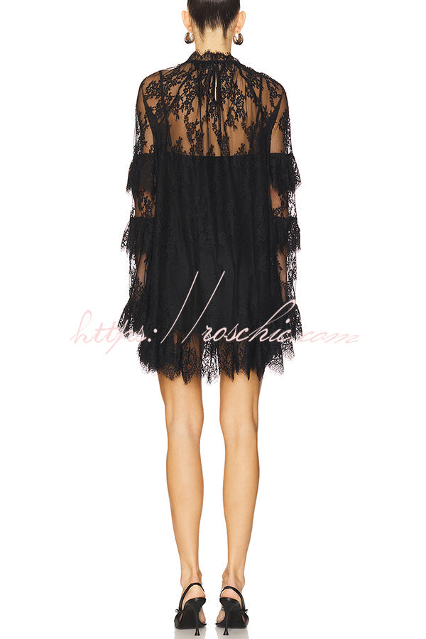 Sexy See-through Lace Loose Long-sleeved Mini Dress